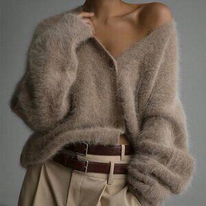 Khaki Casual Women's V-Neck Furry fuzzy button down Sweater cardigan